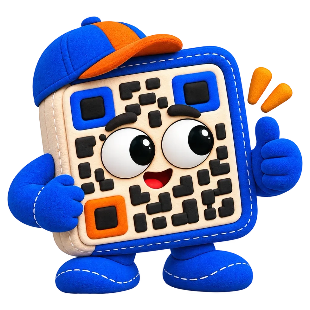 A blue plush QR code character in an orange-brimmed cap giving a thumbs up