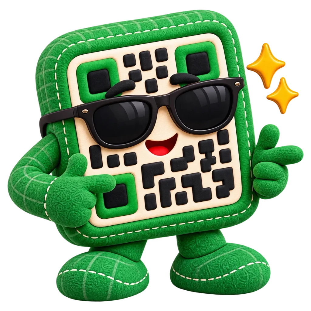 A green plush QR code character in sunglasses pointing at itself