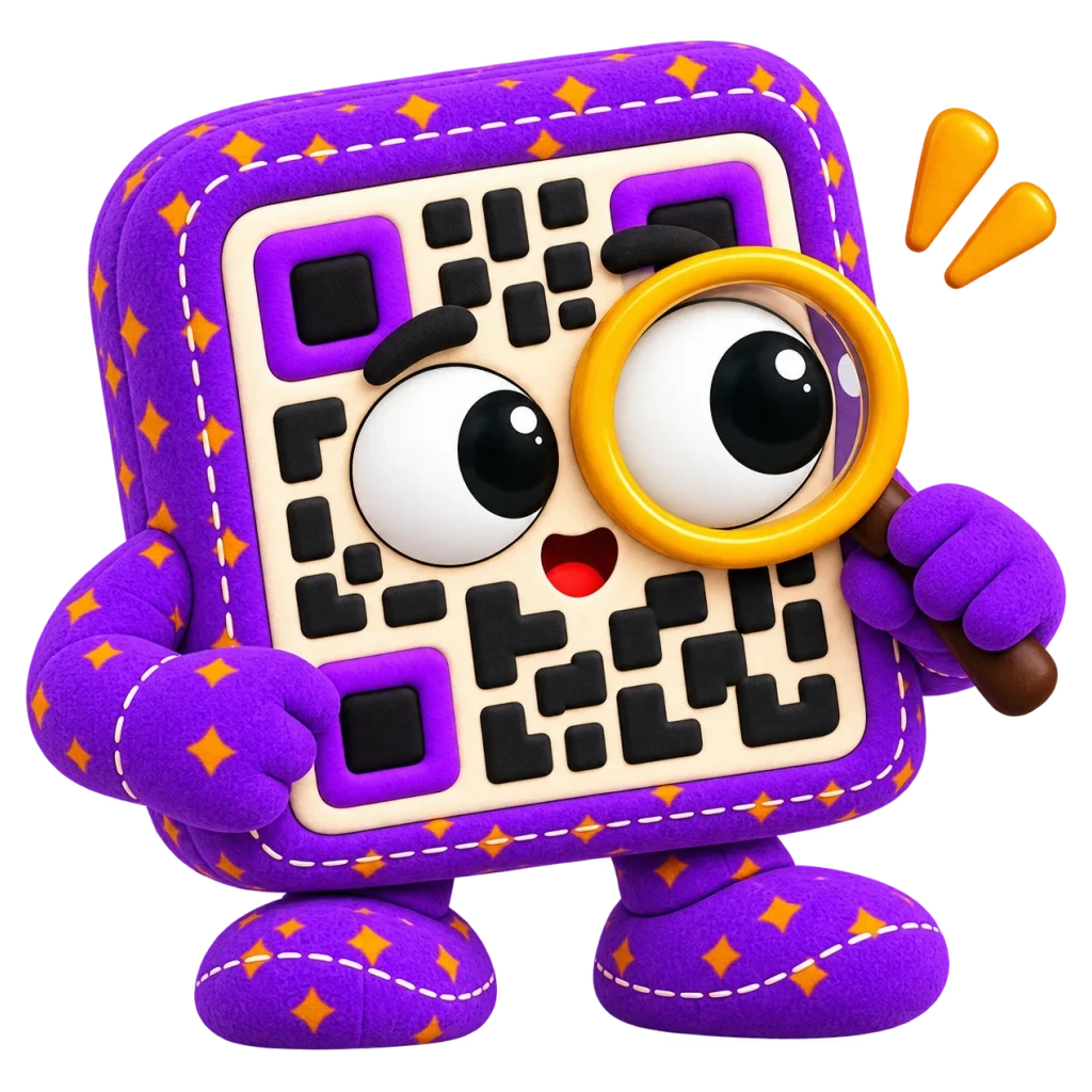 A purple plush QR code character studying its own code through a magnifying glass