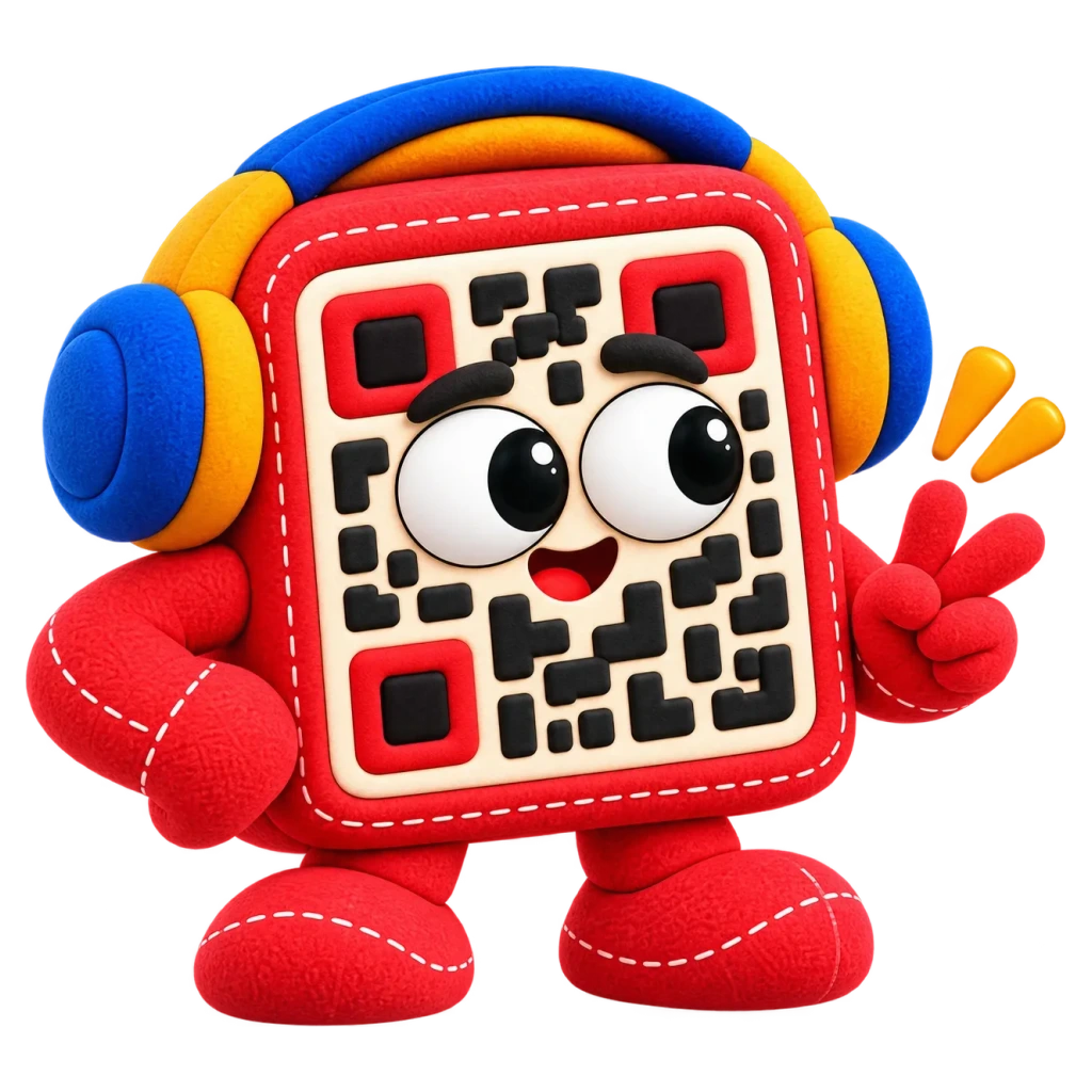 A red plush QR code character wearing blue and yellow headphones, showing a peace sign