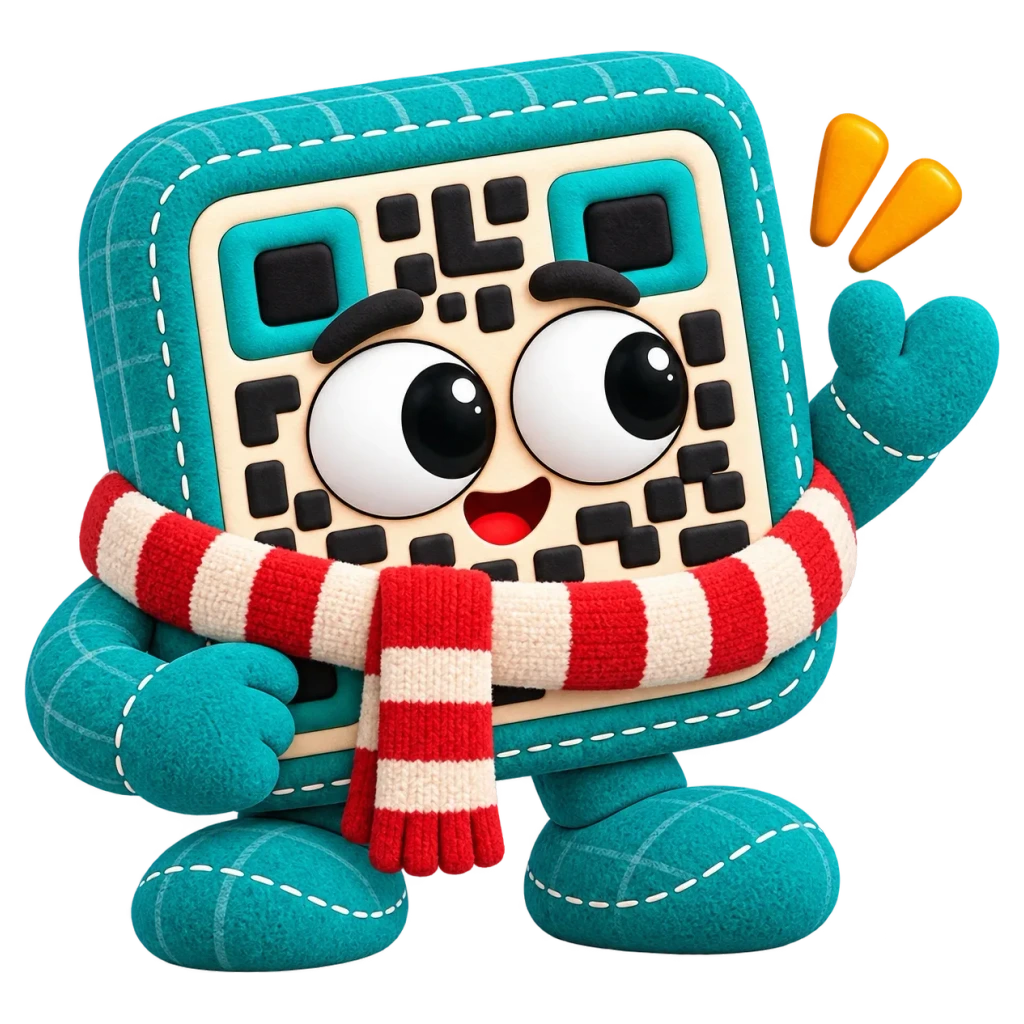 A teal plush QR code character in a striped scarf, waving
